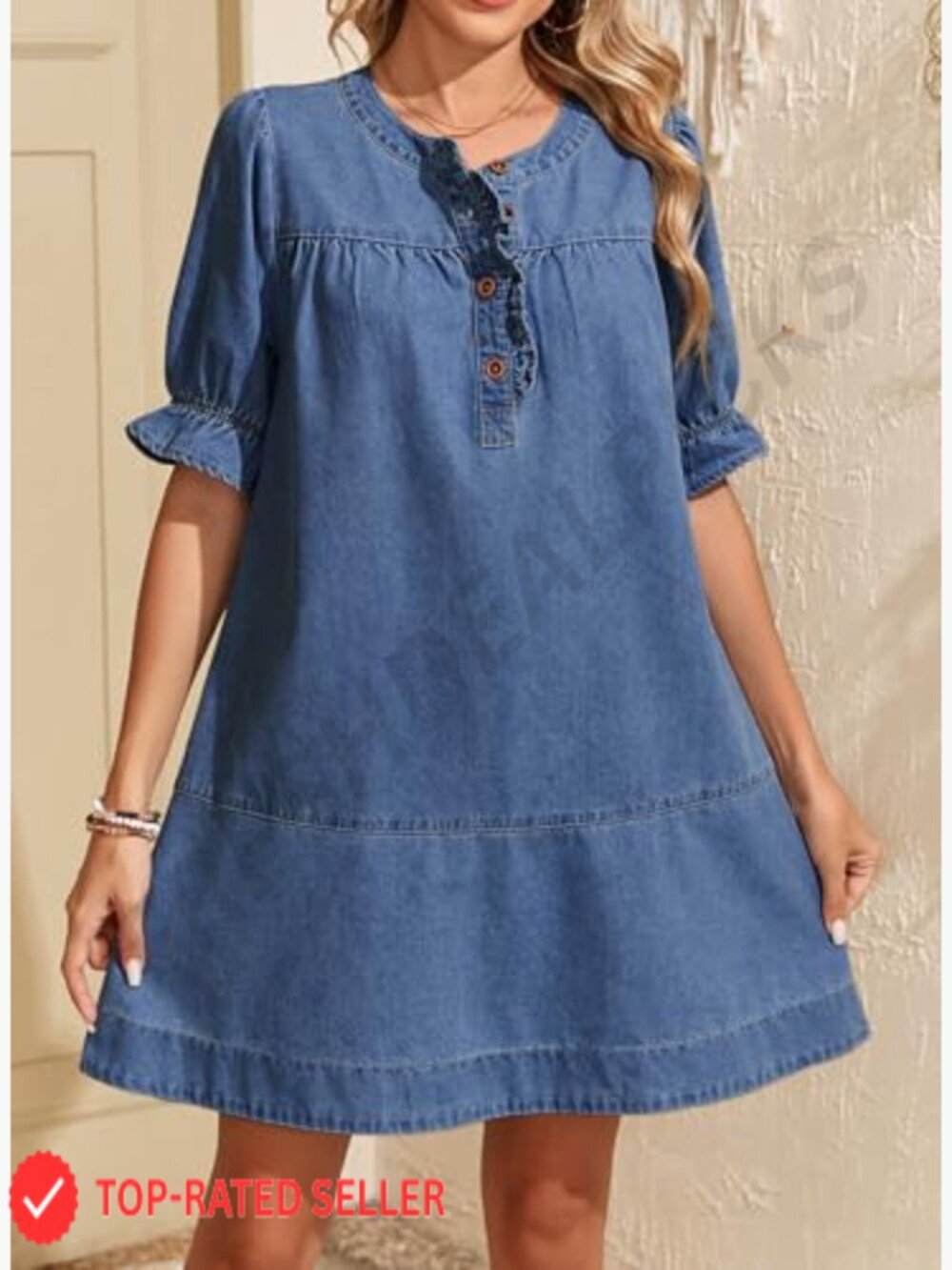 Denim Babydoll Dress with Ruffle Short Sleeves Casual Button Front Mini Dress - Picture 4 of 7